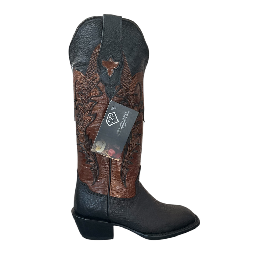 BOTA RODEO SHOULDER NEGRA PARA DAMA T/CALADO CAFE H/DIAMANTE T/CUBANO 