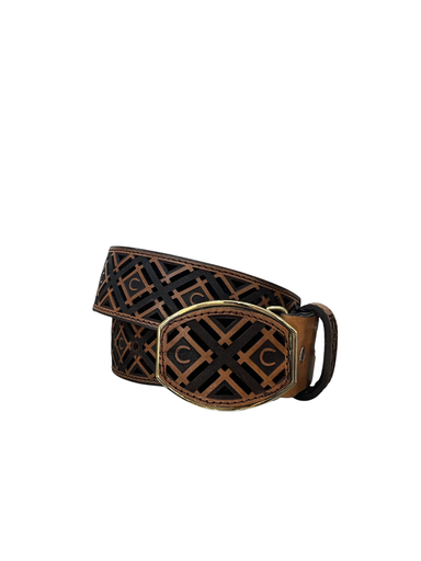 CINTO DE PIEL ROMBOS CON HERRADURA GRAVADA CAFE/NEGRO